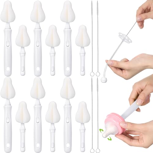 Image of Willinglong 22 Pcs Sponge Bottle Nipple Brushes Set Including 12 Pcs Bottle Sponge Brush Heads 6 Interchangeable Nipple Brush Handles and 4 Long Straw Brushes for Baby Bottles(White Handle)