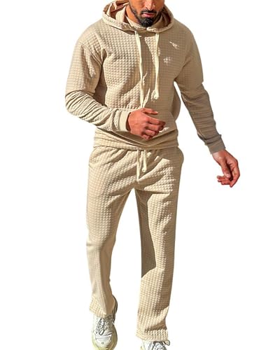 QUNERY Tuta Uomo Completa Autunno Invernale Waffle Tracksuit Manica Lunga + Pantaloni con Coulisse Set Uomini Tuta Uomo per Attività All'aperto e Uso Quotidiano A-Cachi XL