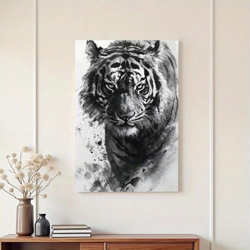 Cuadro de tigre en blanco y negro, arte abstracto moderno de 35x45cm sin marco para salón 2