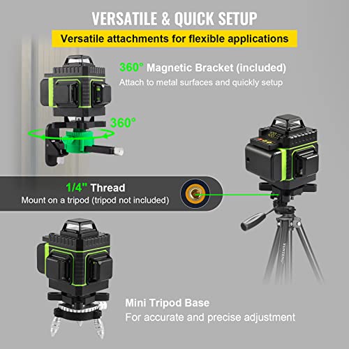 VEVOR Niveau Laser Vert Autonivelant 16 Lignes Croisées 4 x 360° Laser Faisceau 40 m Base Magnétique Rotative Mini Base de Trépied Chargeur de Batterie Sac Transport Outil Laser pour Décoration Maison