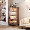 Solid Wood Bookcase 4 Tier With Tempered Glass Doors 60 Inch, Kitchen Pantry Display Cabinet, Brown Finish Cube Storage Organizer, Bookshelf Versatile Storage With For Home Office(No Light Strip)
