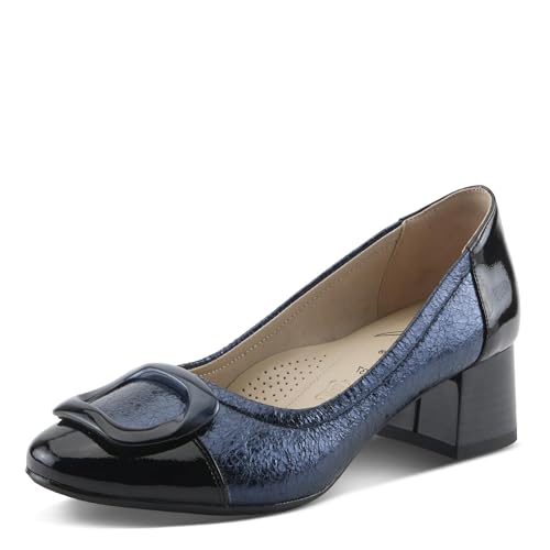 Azura Women's BABYSTEPS Slip-On Pump – Metallic Leather with Sculptural Buckle and Architectural Block Heel