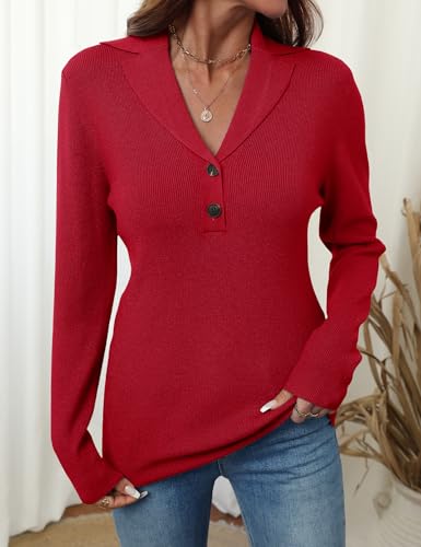 Image of LOMON Sweaters for Women 2025 Fall Knitted V-Neck Collared Button Pullover Dressy Casual Long Sleeve Polo Shirts Business