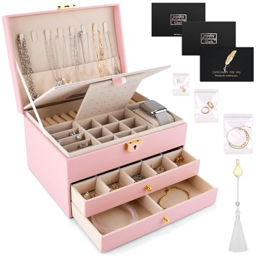 ZUSUZU Schmuckkästchen 3 Ebenen,Schmuckaufbewahrung,Schmuckkasten 2 Schubladen,Schmuck Organizer,Schmuckkasten mit Uhrenkissen,mit Schloss und Schlüssel,für Uhren,Ringe Ohrringe Halsketten(Rosa)