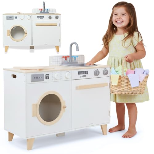Mamabrum Lavanderia e cucina in legno per bambini - Set 2 in 1 con lavatrice, lavandino e accessori per il gioco domestico