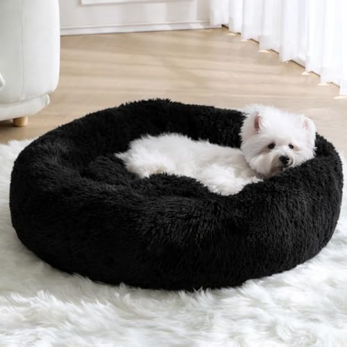 Image of ZEXSAZONE Plush Donut Dog Bed for Dogs & Cats | Soft Calming Anti-Anxiety Pet Bed | Warm Cozy Winter Dog Bed for Puppies | Washable Round Bed (Black Small)