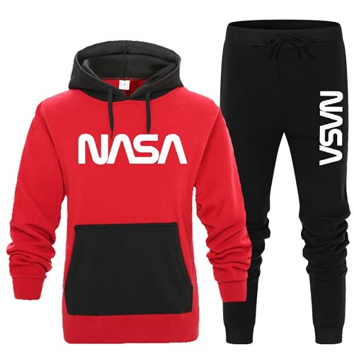 MOUNSHET NASA Hoodie Set Letter Hoodie + Pants Fleece Thick Sweater Unisex Trend Casual Sports Drawstring Jacket Set (red,Large,Large)