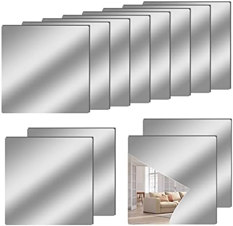 12" x 12" Acrylic Flexible Mirror Sheets, 12 Pack Self Adhesive Mirror Tiles Square Cuttable Mirror Wall Stickers, Non-Glass Mirror Stickers Safety Reflective Mirror for DIY Craft Home Wall Decor