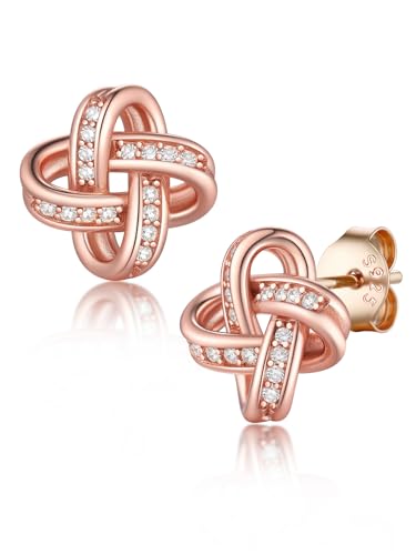 Suplight Rose Gold Love Knot Earrings for Wife Womens Cute Heart Cubic Zirconia Stud Earings Anniversary Wedding Earring Jewellery 925 Sterling Silver