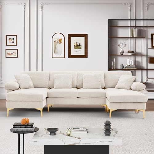 Wrofly U Shaped Sectional Sofa Couch, 114" Convertible L Shaped Sofa with Chaise Lounge & Ottoman, Modern Oversized Modular 4 Seat Sleeper Sofa Set for Living Room Office, White Velvet