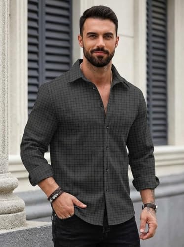 Image of DEELMO Men's Regular Fit Button Down Dress Shirts Textured Long Sleeve Casual Hawaiian Shirt
