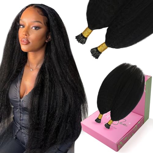 Image of YoungSee I Tip Hair Extensions Human Hair Kinky 22In Itip Human Hair Extensions Black Kinky Straight 50g Itips Hair Extension 50s Cold Fusion Hair Extension Curly for Long Hair
