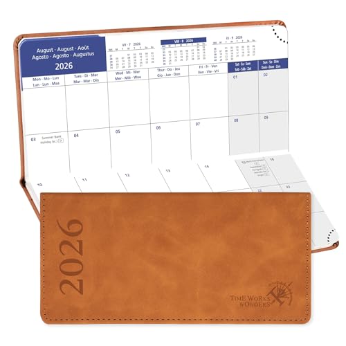 POPRUN Agenda Mensual de Bolsillo 2026, 17.4 x 8.3 cm, Cubierta de Cuero PU, 12 Meses: Ene. 2026 a Dic. 2026, 2 Páginas por mes, 80 GSM Papel EU EU, Marrón