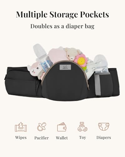 Image of MOMTORY StowNGO Pro Safety-Certified Ultra Storage Baby Carrier, Pure Black | Plus Size Friendly, 6 Carry Positions, Front & Back, Baby Carrier With Hipseat, Fits 7-50lbs Newborn To Toddler