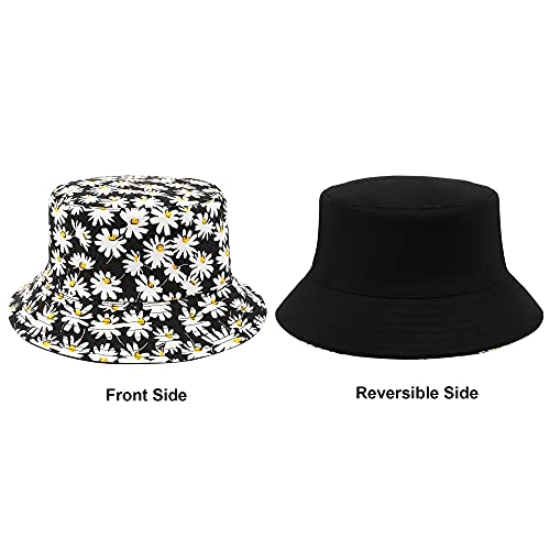 Mimfutu Bucket Hat For Women Girls, Double-Side-Wear Reversible Fisherman Beach Sun Hats (Daisy Black) #TOP3