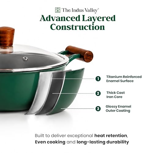 Image of The Indus Valley Titanium Reinforced Enamel Coated Cast Iron Kadai 2.3 litres | 3 Layer Cast Iron with Glass Lid | Wooden Handle | Naturally Non Stick | Induction Compatible | PTFE, PFOA & PFAS Free