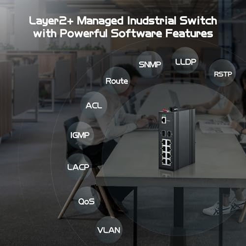 Image of 10 Port Gigabit Industrial Managed PoE Switch, 8 PoE, 2 SFP, IEEE802.3AF /AT, Vlan|Route|Ring|ACL|Qos L2+ Web /Console Binardat IP40 DIN-Rail Switch