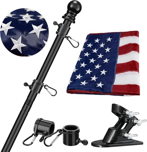 Barcetine American Flag with Pole Kit - Includes 6ft Tangle Free Metal Flag Pole 4x6 Embroidered US Flag Mount Holder Bracket for Outside House Front Porch Outdoor Black