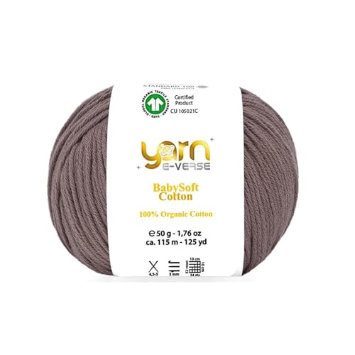 Babysoft Cotton Yarn, Yarn E-verse, 100% Organic Cotton, Soft & Hypoallergenic, Ideal for Baby Knitting, Crocheting, Amigurumi & DIY Projects, Organic Textile Certified, 50g (1, 133 Brown)