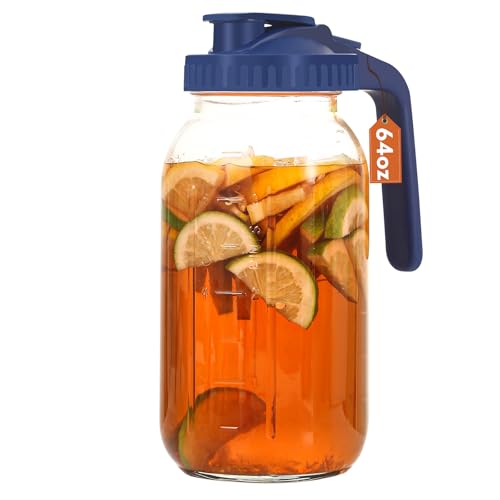 Image of Mihlapi Glass Pitcher with Lid, 64 OZ Mason Jar Pitcher Double Leak Proof, 2 Quart Breast Milk Storage Containers for Fridge, Wide Mouth Glass Jar for Sun Tea, Juice, Cold Brew Coffee