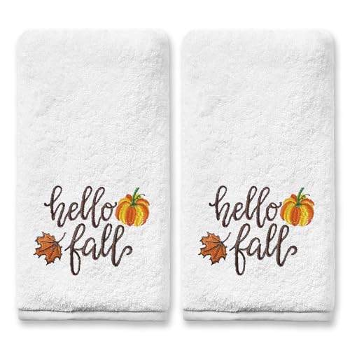 Dolficy Fall Hand Towels Set of 2, Orange Fall Bathroom Decor Embroidered Pumpkin Pattern Harvest Seasonal, Autumn Soft Dish Towels for Kitchen Bath 14x30 Inches 100% Cotton Thanksgiving