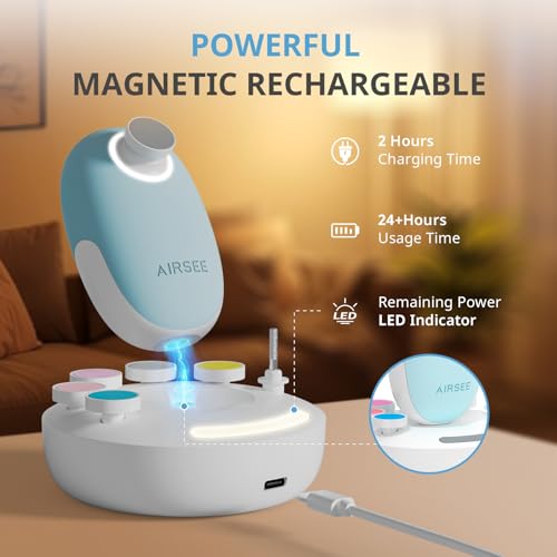 AIRSEE Premium Newborn Gift, Electric Baby Nail File, Cordless Safe Infant Nail Trimmer with 6 Replacement Pads, Magnetic Rechargeable Base, 360° LED Light, Baby Grooming Kit Gift (Light Blue) — view 4