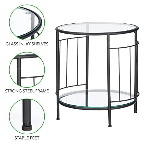 Mdesign Glass Top Side/End Table - Small Art Deco Round Geometric Accent Metal Nightstand Furniture For Living Room, Dorm, Home Office, And Bedroom - Matte Black #TOP3