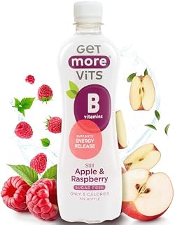 Get More Vits Flavoured Water - Apple & Raspberry Still Water with B Vitamins - Low Calorie, Sugar Free, & Vegan Flavoured Spring Water with Niacin, Biotin, & Thiamine - 500ml Bottle, Pack of 12