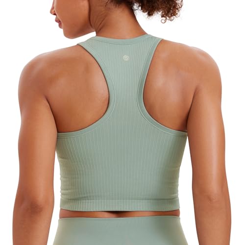 Image of CRZ YOGA Seamless Ribbed High Neck Crop Tank Tops for Women - Longline Racerback Padded Sports Bras