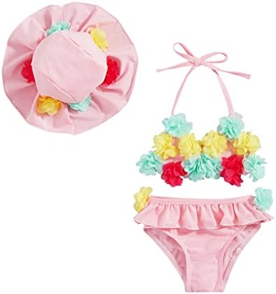 Yccutest Infant Baby Girl Flower Swimsuit 3Pcs Halter Triangle Tops Ruffle Bottoms Sun Hat Bikini Set Bathing Suit Swimwear