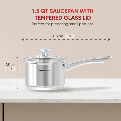 Image of SUNHOUSE 1.5 QT Stainless Steel Sauce Pan with Lid, Small Pot for Cooking | PFOA-Free Uncoated Milk Pan & Butter Warmer, Mini Saucepan with Impact Bonding Base for Induction, Gas, Electric