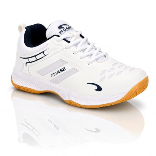Image of Pro ASE Non-Marking Badminton Shoes - Lightweight & Durable, Perfect for Squash, Table Tennis, Pickleball & Indoor Sports | X-Cushion, Active Grip Sole, Toe Assist | Men, Women, Unisex | Blue,Black,White