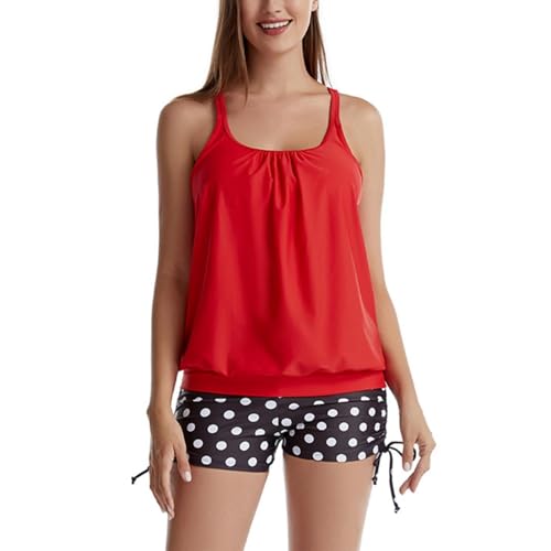 Conjunto de tankini de 2 piezas para mujer, traje de baño con control de abdomen, sin mangas, con pantalones cortos, atlético, con cordón, trajes de baño con brasier deportivo, A#8-rojo, M