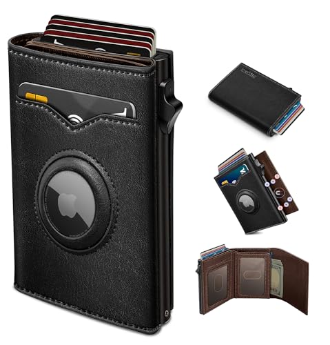 Image of miyozi Airtag Wallet for Men,with Cash Pocket 2 ID Window 9-12 Cards,Metal Case Smart Slim Pop Up Credit Card Holder Flip with Magnetic Closure RFID Blocking Trifold wallet with Gift Box