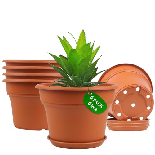 6 Inch Plastic-Flower Pot-for-Indoor Plants, 6 Pack Outdoor Plant Pots with Drainage Holes & Saucers, Resin Garden Pots Planters