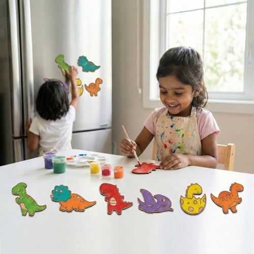 Image of ImagiVibe Paint Your Own Dino Fridge Magnets Kit for Kids | 6 MDF Dinosaur Cutouts DIY Painting Activity with Colours & Brush | Creative Screen-Free Art & Craft Kit | Made in India (Dinosaurs)