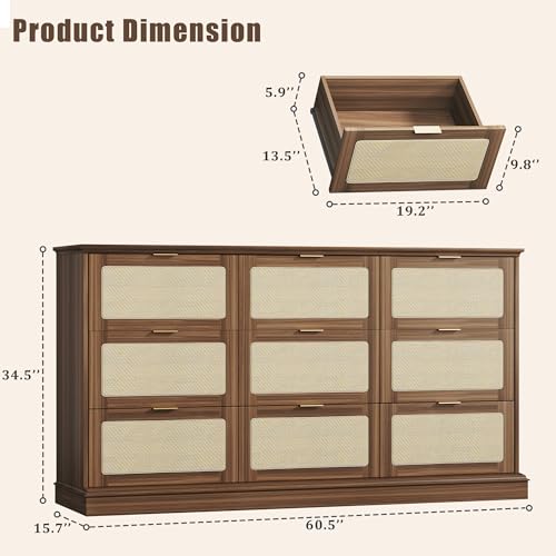 Image of HUAHUU 9 Drawer Dresser for Bedroom, 60 Inch Long Dressers & Rattan Chest of Drawers, Boho Style, Large TV Stand for 55, 65, 70 Inch TV, for Bedroom, Living Room, Entryway, Hallway, Walnut