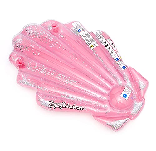 SuperFlotadores colchoneta Shell Rosa con Purpurina inflable para piscina y playa. Flotadores Resistentes para el verano Cover