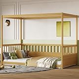Twin Size Canopy Bed Frame with 4 Posters and Guardrails, Twin Size Montessori Floor Bed with High Fence, Natural