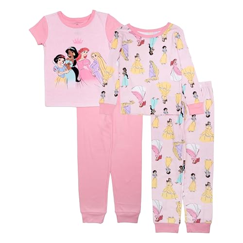 Disney Girls' 4-Piece Snug-fit Cotton Pajama Set, Soft & Cute for Kids