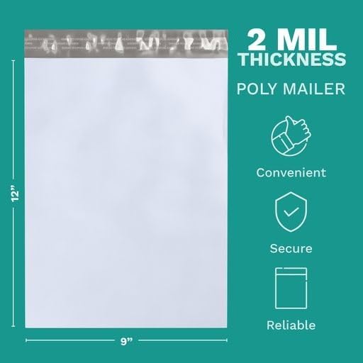 9" X 12" Poly Mailers, 200 Count White Polymailer Shipping Envelopes for Clothes 2 Mil Unpadded Waterproof Opaque Self-Seal Poly Bags with Tear/Puncture Proof Adhesive Strip