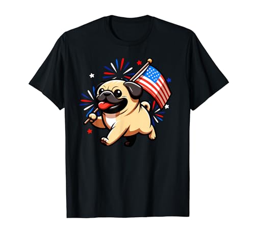 Lustiger Mops 4. Juli Amerikanische USA-Flagge Jungen Mädchen Kinder T-Shirt