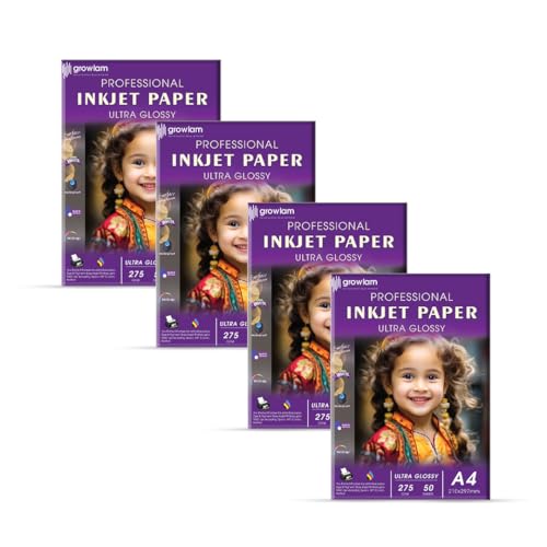 Image of Growlam Ultra Glossy Photo Paper 275 GSM A4 Size, 50 Sheets (Pack of 4) | Resin Coated Surface, Waterproof Technology, Tropical Climate Durability, Realistic Color Reproduction, Stunning Visual Depth