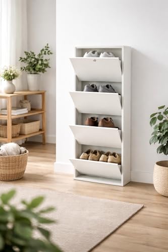 Image of Shoe Rack, Wall Mounted and Freestanding Metal, Multiple Shelf Options, White and Black (White, 4)