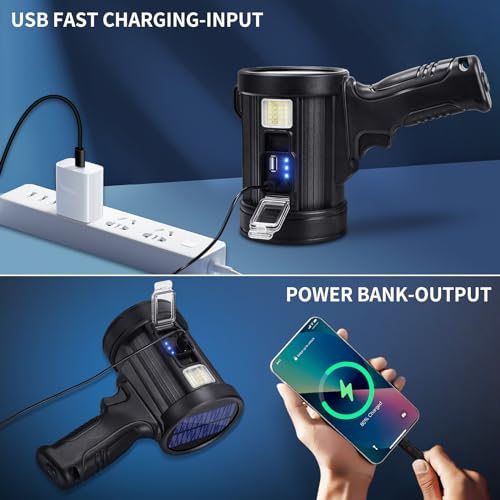 Rechargeable Spotlight, 99000 Lumens Bright LED Spotlight Flashlight, Long Running Spot Light Searchlight, Outdoor Handheld Spotlights with Solar Panels for Hunting,Camping,Boat,6 Spotlight Modes