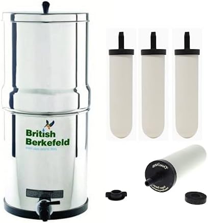 British Berkefeld Stainless Steel Drinking Gravity Housing with 4 x Ceramic Super Sterasyl Water Filter Cartridge Candles ¦ 7 inch ¦ W9361160, Silver