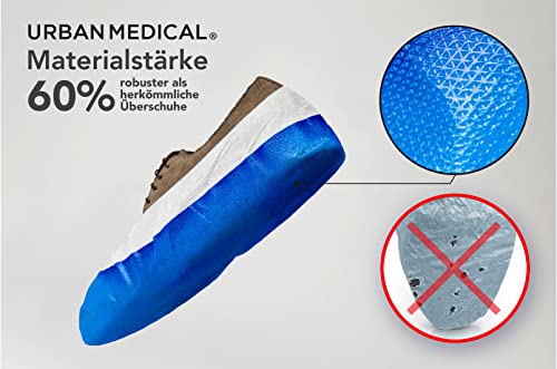 URBAN MEDICAL 100x Extra starke 12g Einweg/Mehrweg Schuhüberzieher mit rutschfester Sohle - LONG LIFE - Wasserdicht & reißfest - Überschuhe für In- und Outdoor - ONESIZE