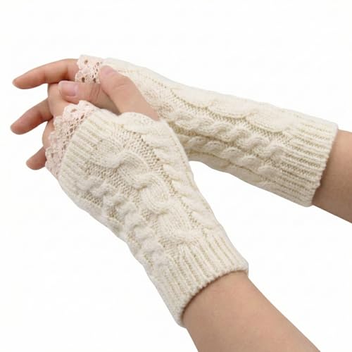 Image of Kraptick Women's Cable Knit Fingerless Gloves - Winter Arm Warmers with Elegant Lace Trim & Thumb Hole - Soft Woolen Thermal Half Finger Mittens for Typing, Driving & Office Work (Free Size, khaki)-1