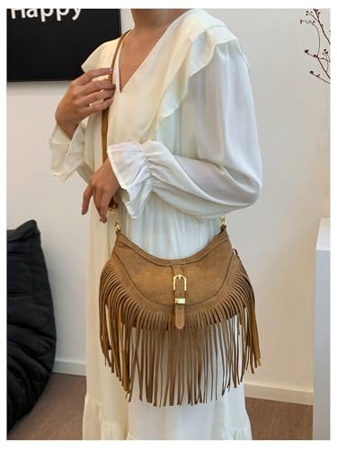 MakeMeChic Women's Fringe Trim Hobo Bag PU Leather Single Strap Vintage Cowgirl Crossbody Handbags4