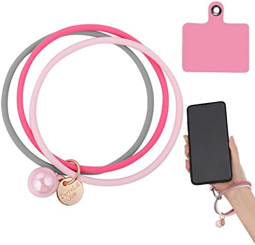 cobee 3-in-1 Silicone Phone Wrist Lanyard with Patch and Metal Ring Universal Phone Wrist Strap Fashion Cell Phone Wrist Loop Charm for Women Compatible with Most Smartphone(Rose Pink+Light Pink+Gray)